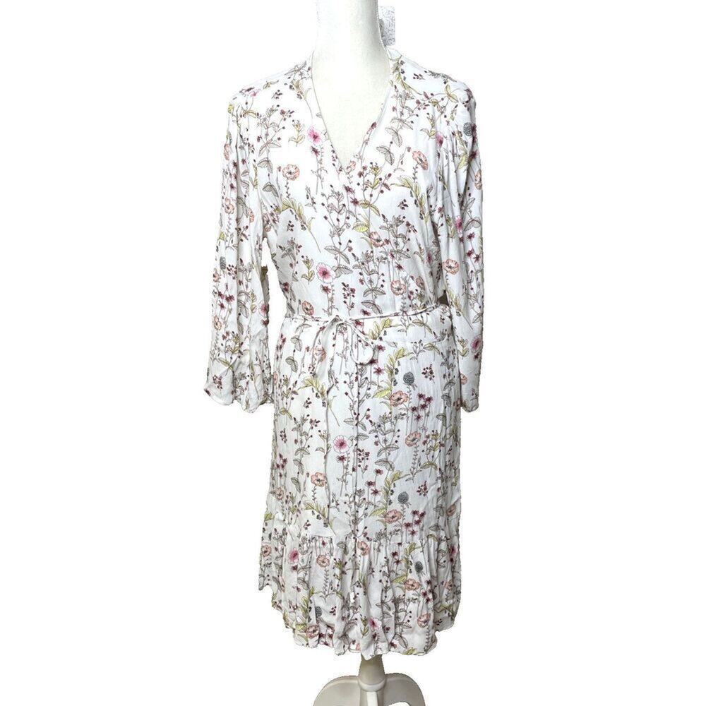 GAP Size XXL Floral Wrap Dress Ruffle 3/4 Sleeve Flowers 2X White V Neck
